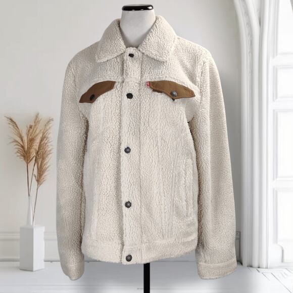 Levi's Mens Small Sherpa Trucker Jacket Cream Brown Western